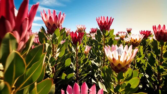 Vibrant Pink King Protea Flowers Blooming Under Sunny Blue Sky