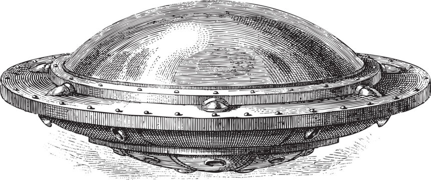 Vintage flying saucer or UFO in detailed engraved style, science fiction object.