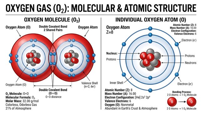Detailed chart of oxygen gas (O₂) molecular and atomic structure, comparing a diatomic O₂ molecule with two bonded oxygen atoms and an individual Bohr model oxygen atom, including nucleus composition,