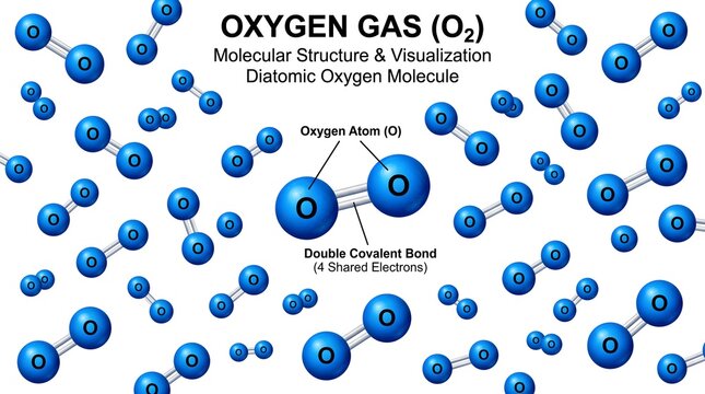 Oxygen gas (O₂) molecular structure and visualization poster featuring repeated blue diatomic molecules across the page, with a central labeled diagram of two oxygen atoms connected by a double covale
