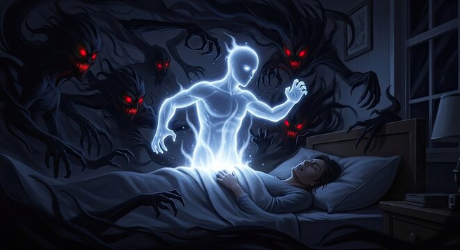 Ghostly figure haunts dark bedroom scene.