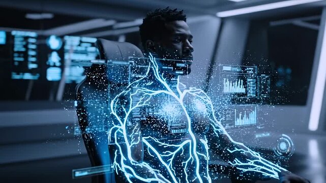 Seated human with glowing nano energy flowing through limbs and spine like luminous capillaries, visualizing bioelectric circulation, internal networks and futuristic medical technology concept