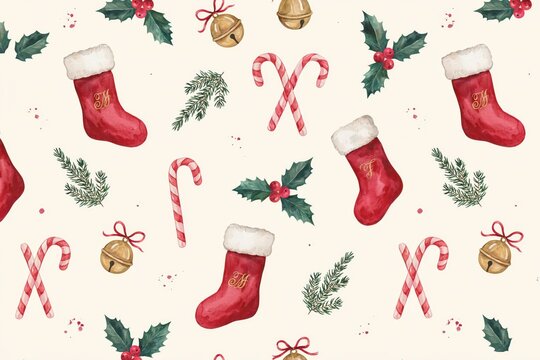 A seamless christmas pattern featuring watercolor of red stockings, candy canes, golden bells, holly berries, and pine branches