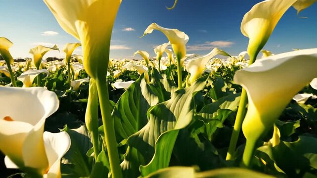 White calla lilies blooming in a sunlit field under clear blue sky