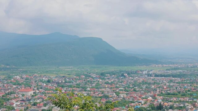 Aerial Panorama of Khust Town with Carpathian Mountains, Ukraine