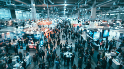 Obraz premium Aerial view of bustling trade show with diverse visitors exploring various booths and exhibits.