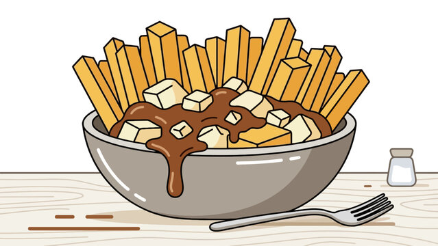 A detailed poutine vector illustration showing a bowl of french fries topped with gravy and cheese curds on a wooden surface with a fork