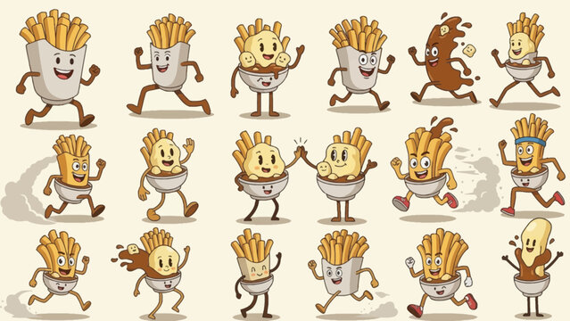 Cartoon poutine vector characters set with cute active french fries doing sports and posing