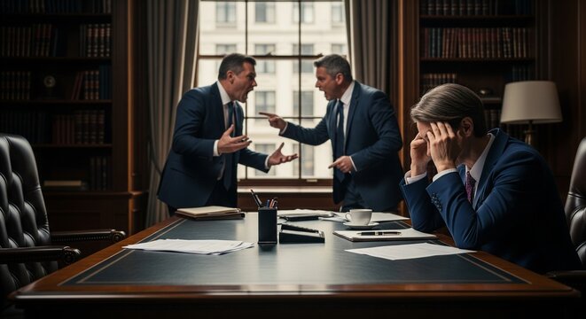 Conflict in the boardroom stressed businessman overhears argument