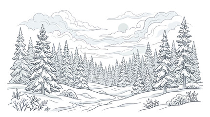 Fototapeta premium Snowy evergreen forest landscape line art sketch