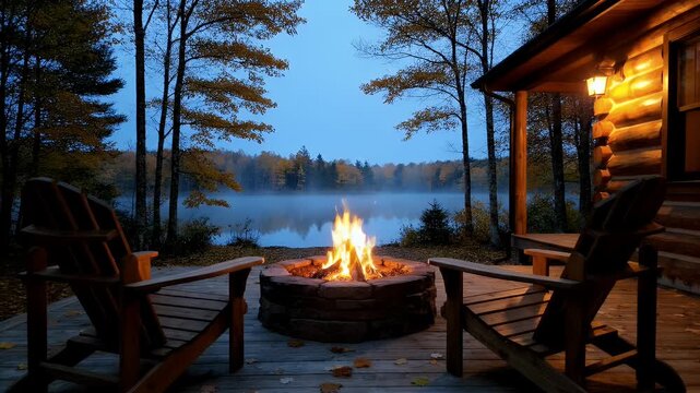 Two wooden chairs face a glowing stone fire pit on a rustic cabin deck overlooking a misty lake at twilight