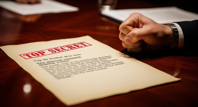 Top Secret Document on a Table with Hands Gesturing
