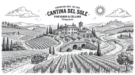 Fototapeta premium Classic italian vineyard landscape with wine cellar and rolling hills