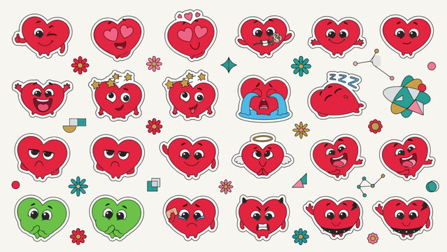 Vibrant corazon vector cartoon heart characters sticker pack, displaying a full spectrum of emotions, perfect for digital designs, apps, and sweet Valentine's Day themes