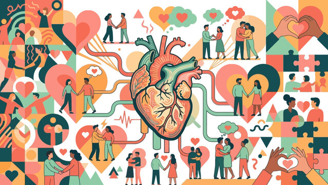 Love and human anatomy interconnected artistic concept with colorful corazon vector graphic elements and diverse romantic couples illustrations