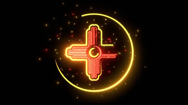 Celebration template for New Mexico state. National flag round icon glowing with energy and particles.