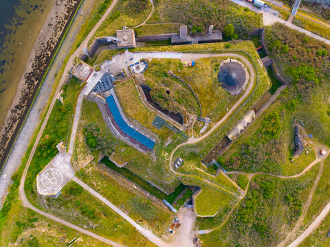 Fort IJmuiden on Forteiland Island aerial view, in town of IJmuiden, North Holland, Netherlands. This fort protected the entrance to the North Sea Canal and now is part of UNESCO World Heritage Site D
