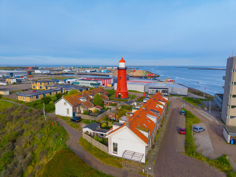 Low Lighthouse of IJmuiden (Lage vuurtoren van IJmuiden) aerial view at the entrance to the North Sea Canal, in town of IJmuiden, North Holland, Netherlands. 