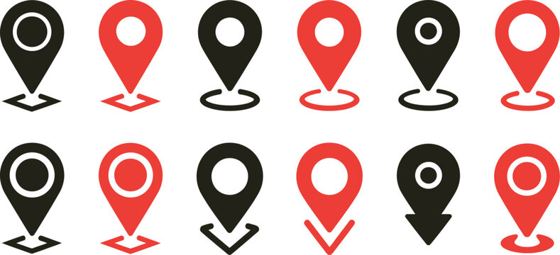 Location pin icons, map pointers featuring red and black markers for navigation GPS tracking mapping and destination identification.