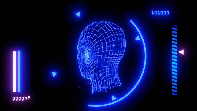 A futuristic glowing wireframe human head representing AI, data, and digital consciousness. Human face structure made of grid. Biometrics, facial recognition and cyber security concept. HUD interface.