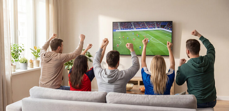 Group of Friends Cheering Watching Soccer Match on TV at Home in Living Room