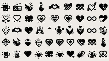 Fototapeta premium Vector icons of hearts and love symbols in black and white, perfect for romantic designs and Valentine's Day, corazon vector