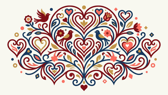 Ornate corazon vector illustration with intricate heart shapes, graceful birds, and delicate floral patterns, an elegant symmetrical design for romance and decorative graphics