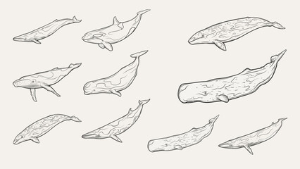 Fototapeta premium Hand drawn sperm whale vector collection featuring various marine mammal species in detailed line art illustration style for nature designs