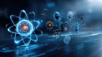 Obraz premium Futuristic Concept of Atomic Structure and Molecular Science with High-Tech Graphics Depicting Atoms, Molecules, and Scientific Elements in a Digital Environment