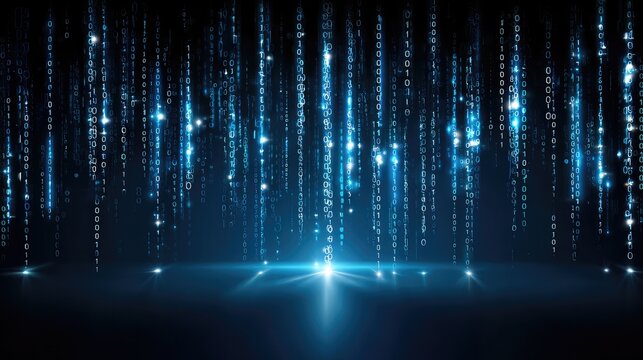 Digital Matrix of Glowing Binary Code Representing Data Flow and Technology Advancement in a Futuristic Blue Background with Sparkling Elements