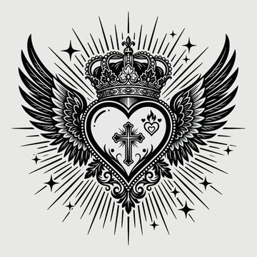 Ornate sacred corazon vector illustration featuring an elegant royal crown wings and a central cross symbol in a bold black and white tattoo style