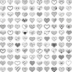 Fototapeta premium Set of hand drawn heart doodle icons in corazon vector style for coloring page and design