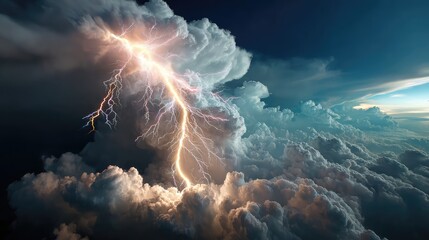 Fototapeta premium Dramatic Lightning Striking Through Dark Storm Clouds Creating a Powerful and Awe-Inspiring Scene in the Sky During a Thunderstorm