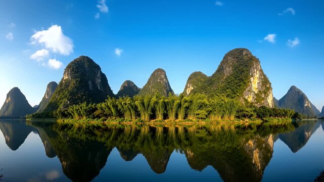 Panoramic view of karst mountains reflecting in the calm Li River waters under a bright blue summer sky