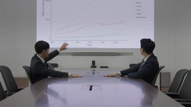 Two Businessmen Analyzing GDP Economic Growth Chart on Big Screen in Conference Room
