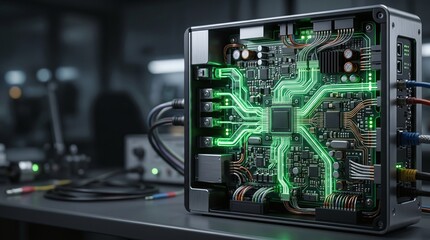 Fototapeta premium Smart energy grid distribution hardware module 3D illustration with copy space