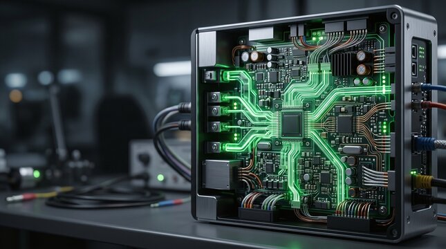 Smart energy grid distribution hardware module 3D illustration with copy space