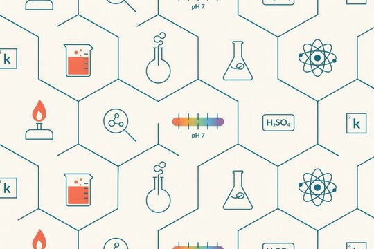 Chemistry laboratory pattern featuring flasks, beakers, atoms, ph scales, and chemical formulas arranged in a hexagonal grid layout