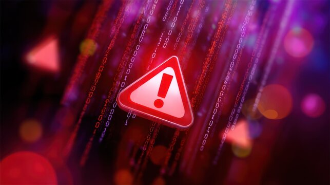 A red warning sign overlaid on a background of binary code and blurred lights