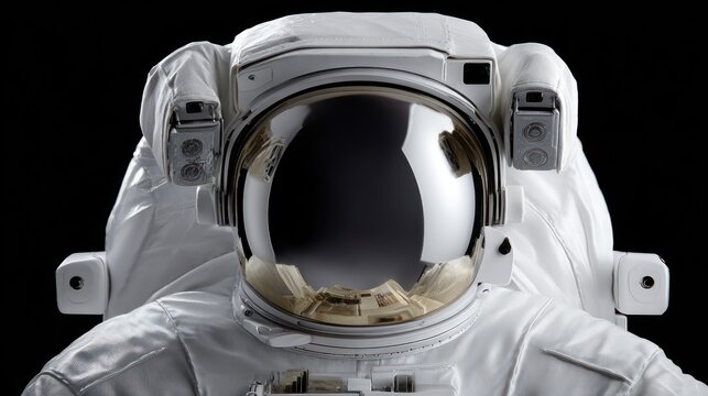 Close up of a detailed white pressurized suit worn by an explorer in a dark environment