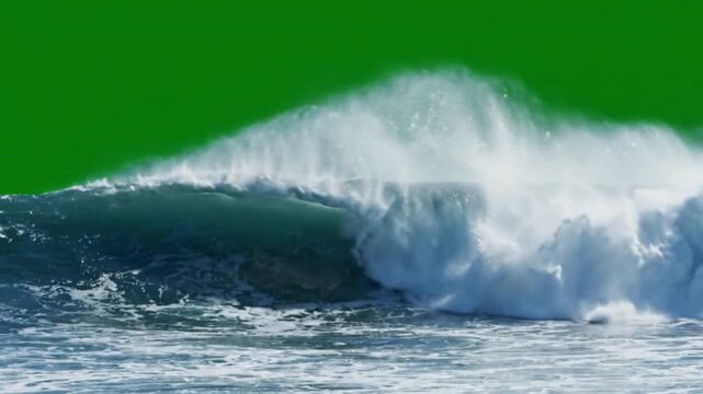 Powerful ocean wave impact isolated on chroma key green screen, dramatic wall of seawater crashing forward with explosive foam and mist