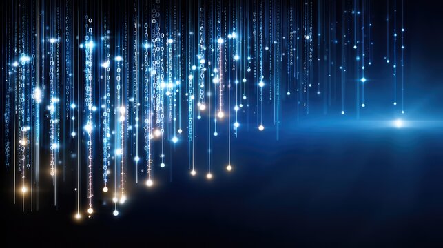 Digital Blue Background with Glowing Binary Code Stream and Light Flare, Representing Technology, Data, and Information Flow in Modern Computing Environment