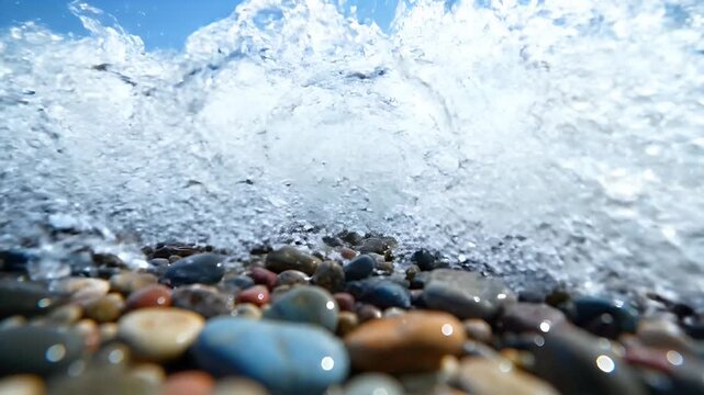 A powerful ocean wave crashing over smooth colorful pebbles on a sunny beach shore during the bright daytime