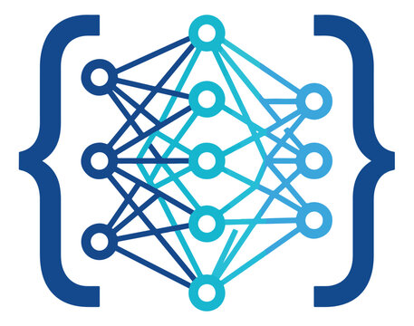 Neural network icon with coding brackets, artificial intelligence deep learning vector, blue machine learning algorithm symbol for software development
