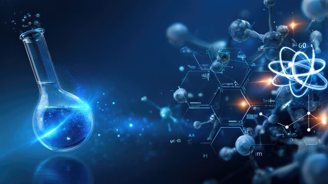 Abstract scientific background featuring a glass flask filled with blue liquid, molecules, atoms, and innovative technology illustrating chemistry and physics concepts for educational use.
