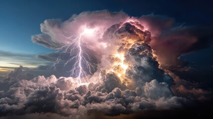 Fototapeta premium Dramatic Thunderstorm with Fiery Cloud Formation and Intense Lightning Strikes Illuminating the Dark Sky During a Powerful Weather Event at Dusk