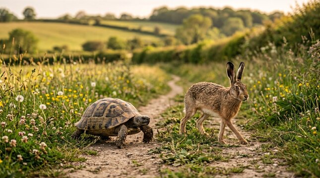 Tortoise and Hare Walking on Countryside Path for Fable Storytelling