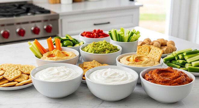 Assorted fresh vegetable sticks and bowls of hummus dips on a kitchen counter for a healthy kitchen dip stationparty snack spread. 