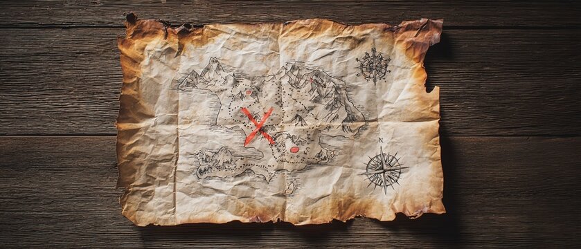 Ancient treasure map on wooden background.