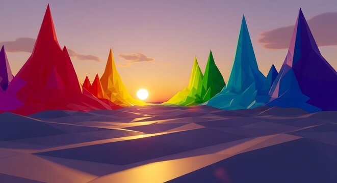 Colorful low poly mountains landscape at sunset with vibrant colors